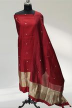 Red Pure Banarasi Raw Mango Unstitched Suit Set With Pure Raw Mango Dupatta The Banarasee Aura