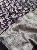 Wine Pure Katan Silk Banarasi Handloom Saree With Blouse The Banarasee Aura
