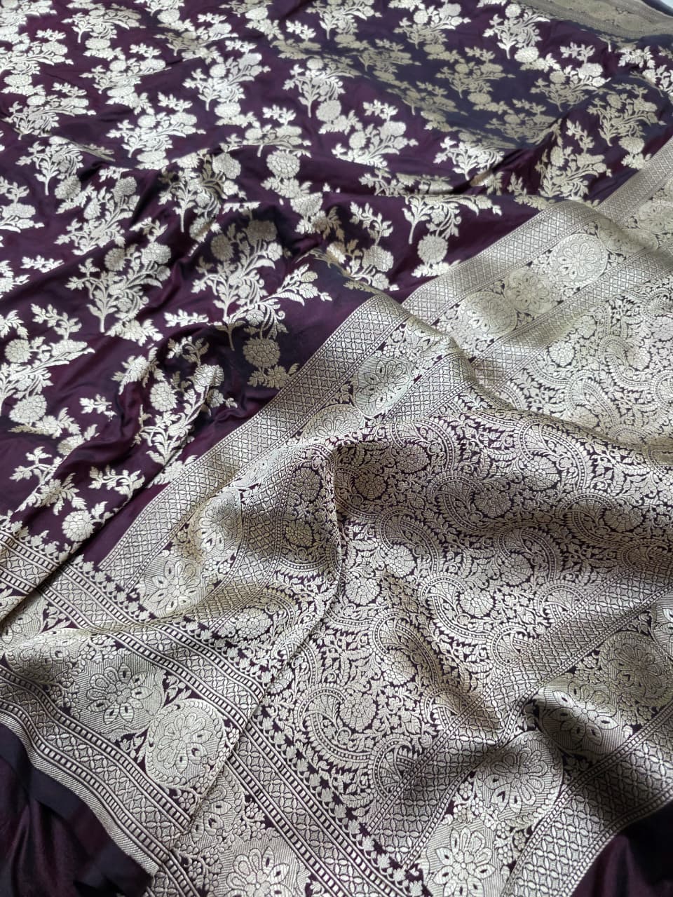 Wine Pure Katan Silk Banarasi Handloom Saree With Blouse The Banarasee Aura