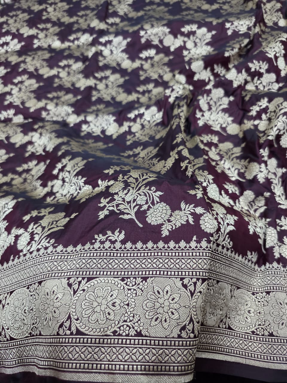 Wine Pure Katan Silk Banarasi Handloom Saree With Blouse The Banarasee Aura