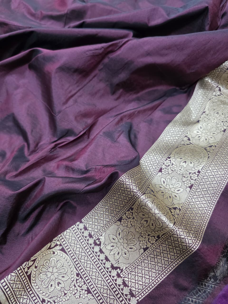 Wine Pure Katan Silk Banarasi Handloom Saree With Blouse The Banarasee Aura