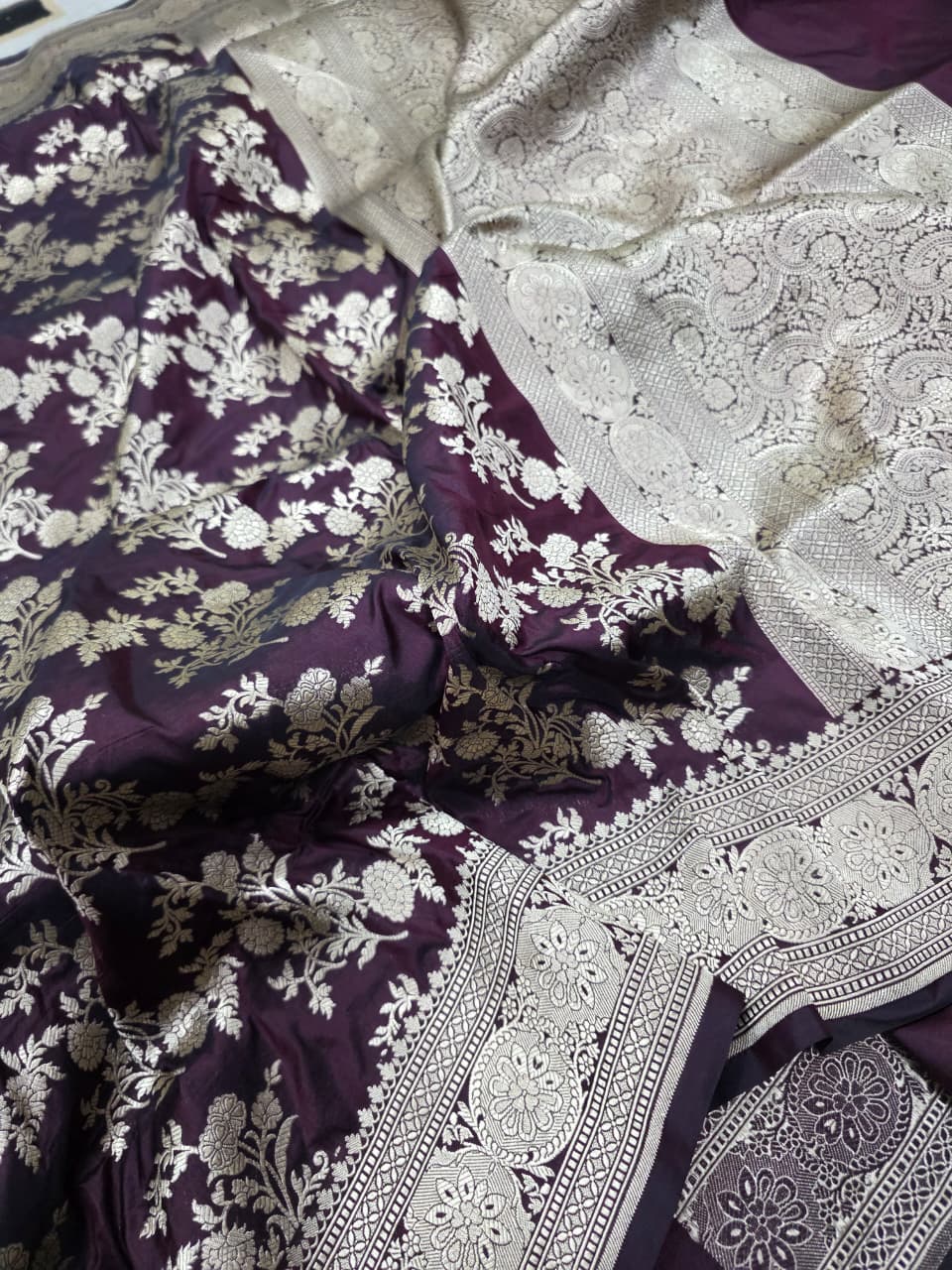 Wine Pure Katan Silk Banarasi Handloom Saree With Blouse The Banarasee Aura