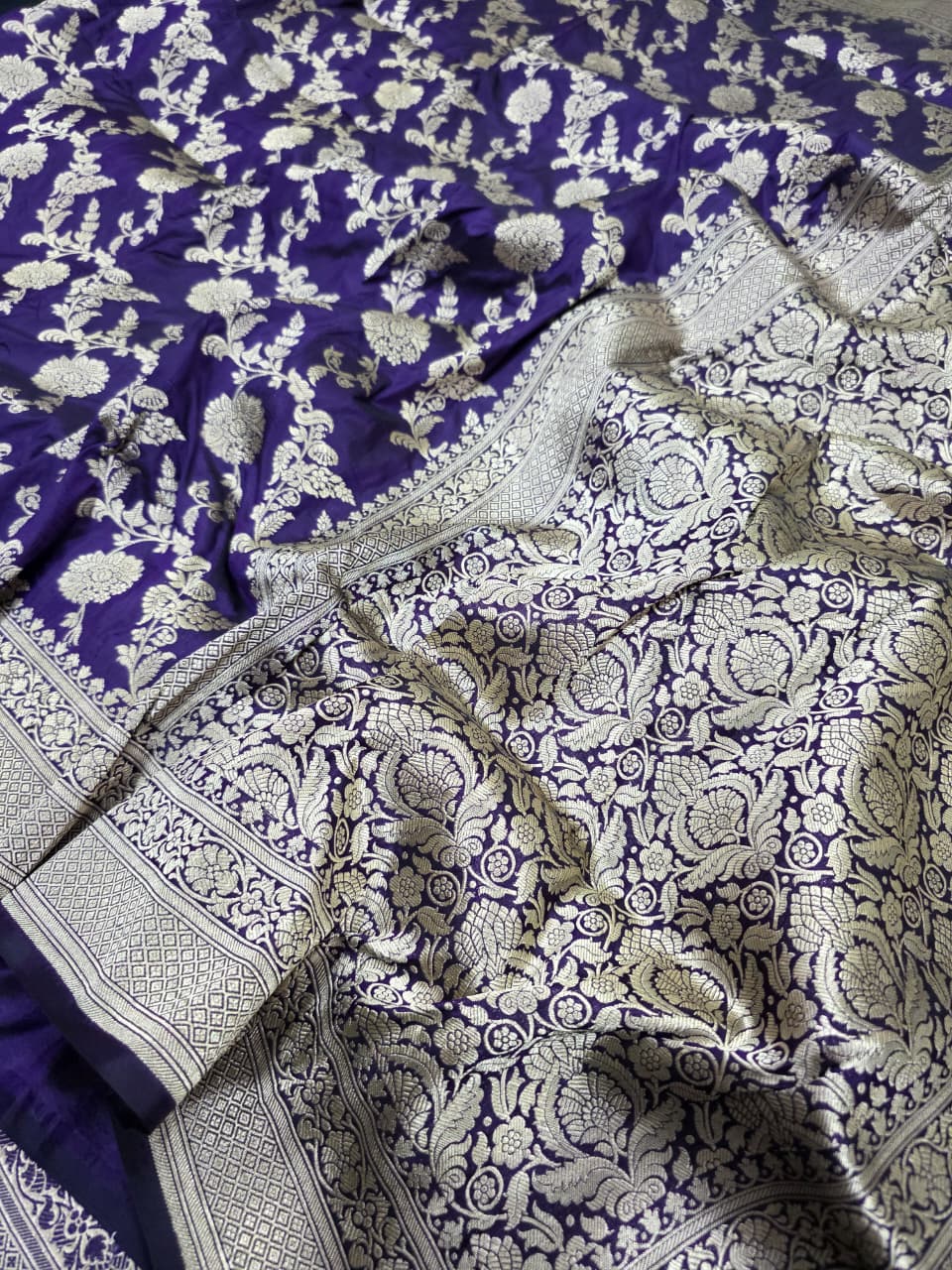 Navy Pure Katan Silk Banarasi Handloom Saree With Blouse The Banarasee Aura