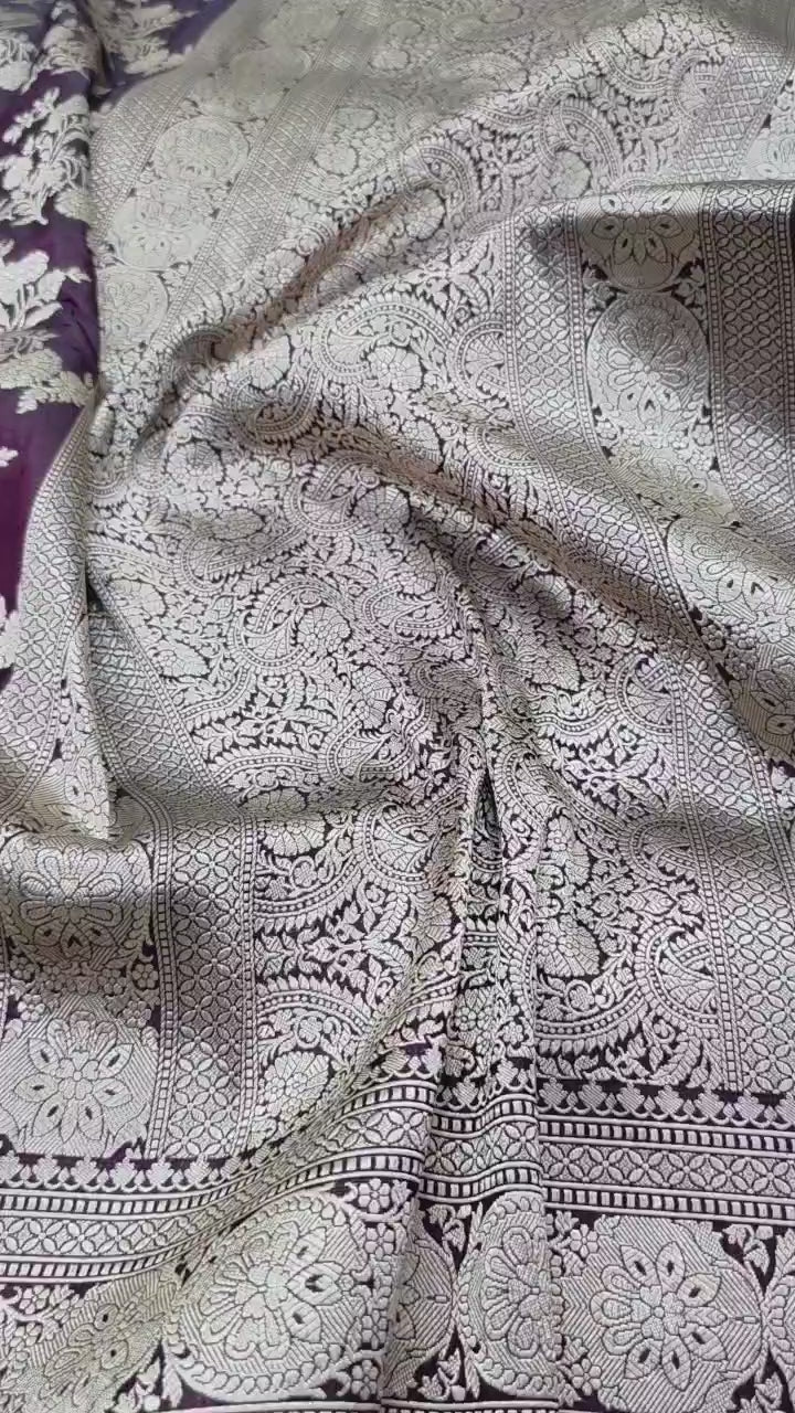 Wine Pure Katan Silk Banarasi Handloom Saree With Blouse