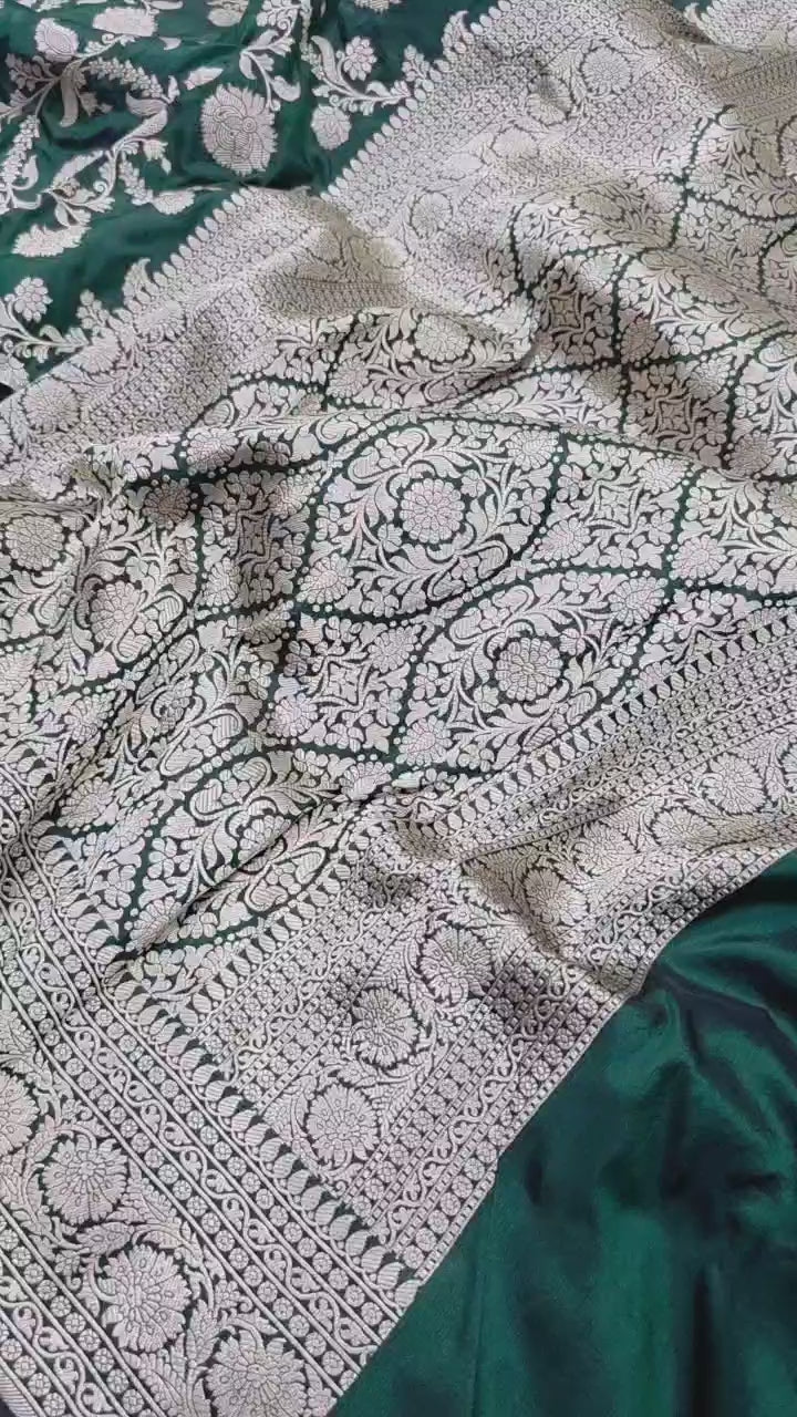 Bottle Green Pure Katan Silk Banarasi Handloom Saree With Blouse