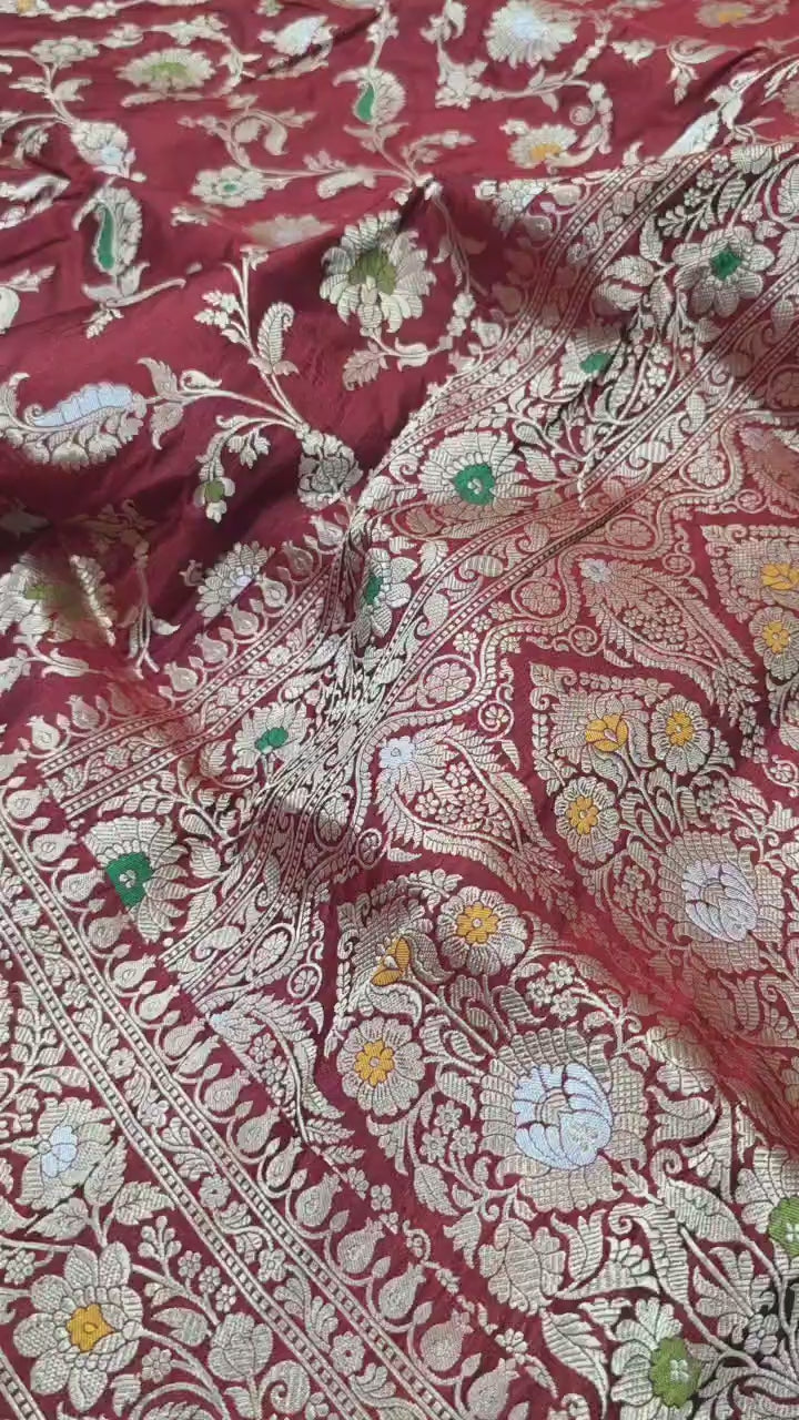 Maroon Pure Katan Silk Tilfi Meenakari Banarasi Handloom Saree With Blouse