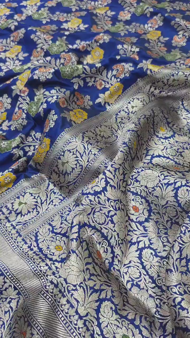 Royal Blue Pure Katan Silk Tilfi Meenakari Banarasi Handloom Saree With Blouse