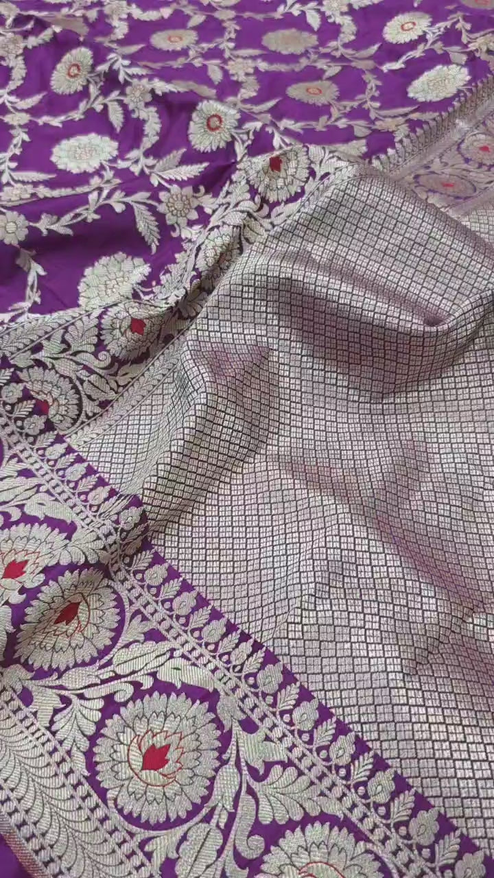 Purple Pure Katan Silk Meenakari Banarasi Handloom Saree With Blouse