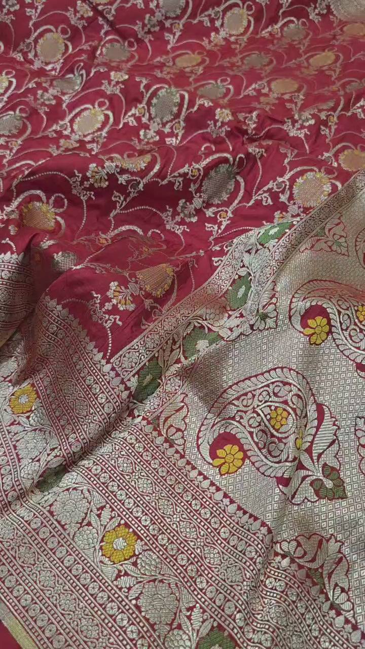 Maroon Pure Katan Silk Meenakari Banarasi Handloom Saree With Blouse
