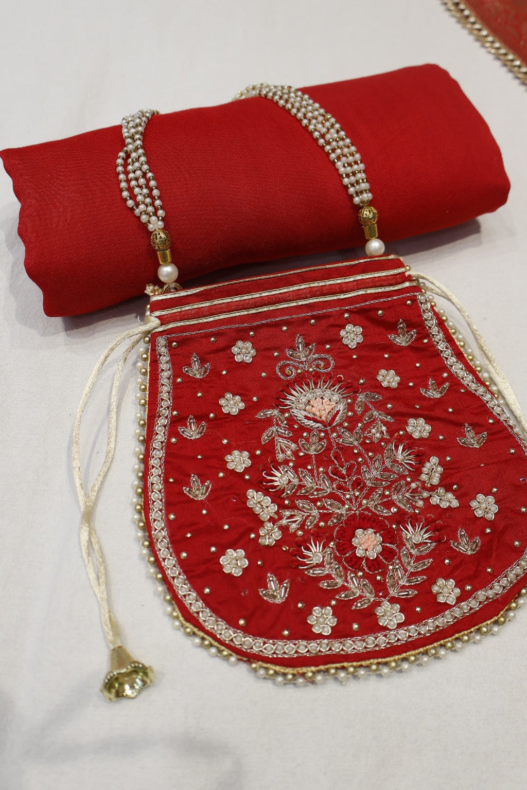 Red Chanderi Hand Embroidered Unstitched Suit Set With Dola Silk Woven Dupatta The Banarasee Aura