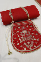 Red Chanderi Hand Embroidered Unstitched Suit Set With Dola Silk Woven Dupatta The Banarasee Aura