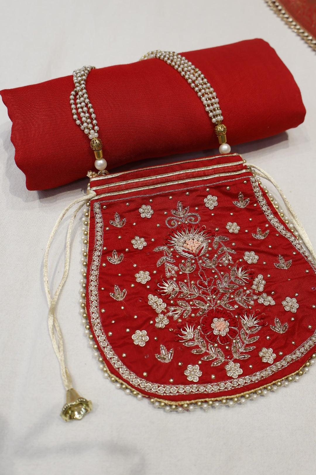 Red Chanderi Hand Embroidered Unstitched Suit Set With Dola Silk Woven Dupatta The Banarasee Aura