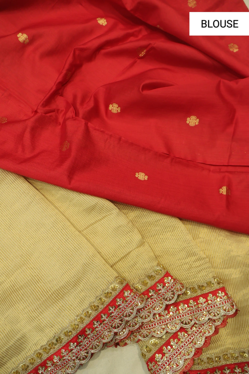 Beige Pure Banarasi Tissue Stripes Saree With Contrast Pure Silk Kadhwa Blouse The Banarasee Aura