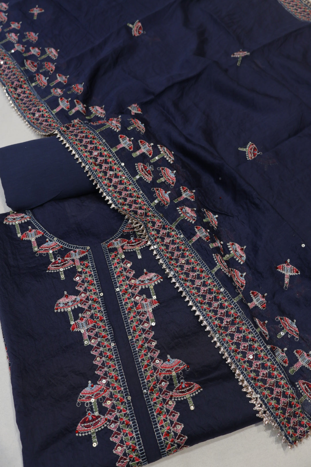 Deep Navy Blue Muslin Silk Embroidered Unstitched Suit Set With Muslin Silk Embroidered Dupatta The Banarasee Aura
