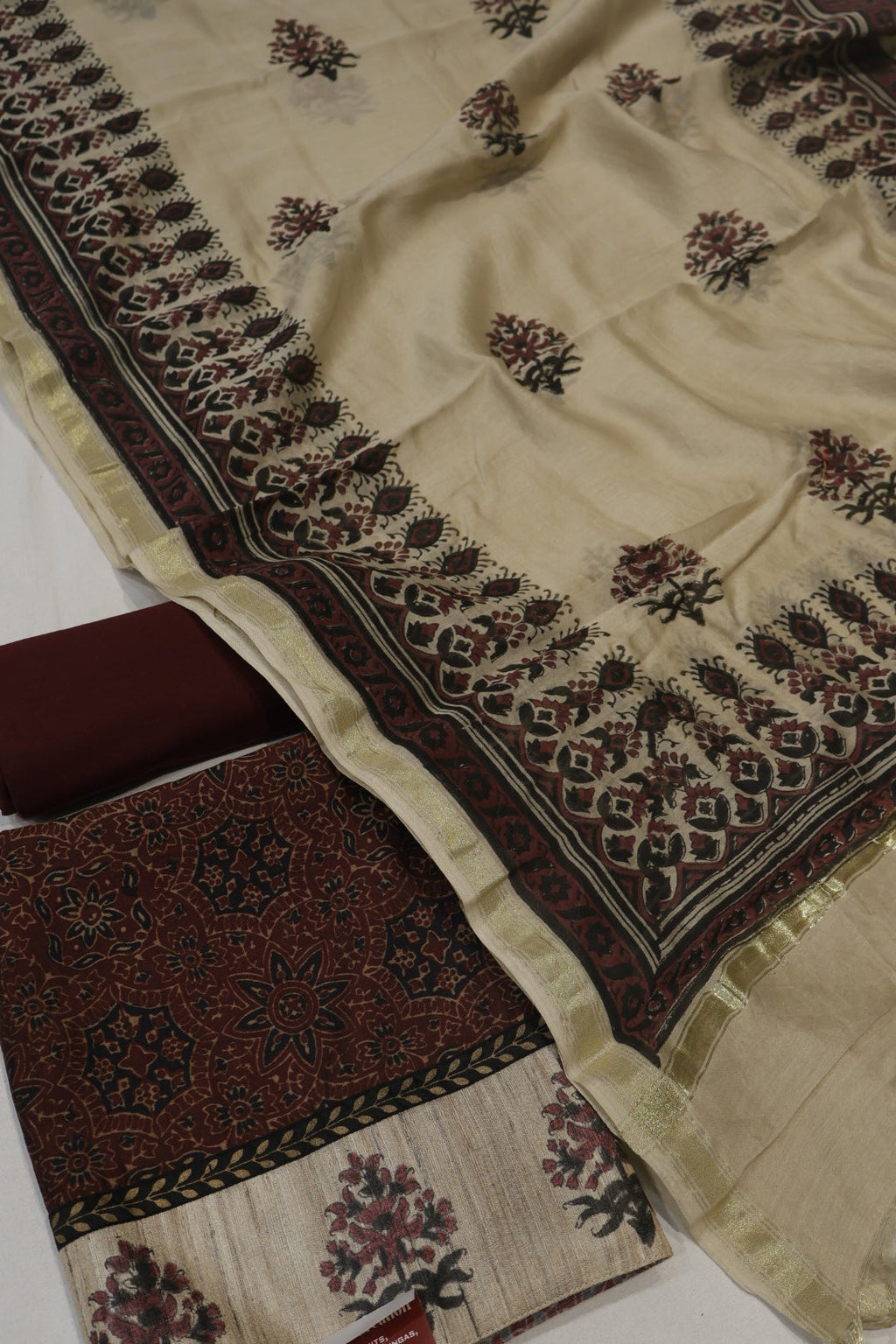 Maroon Muslin Ajrakh Printed Unstitched Suit Set With Chanderi Silk Printed Dupatta The Banarasee Aura