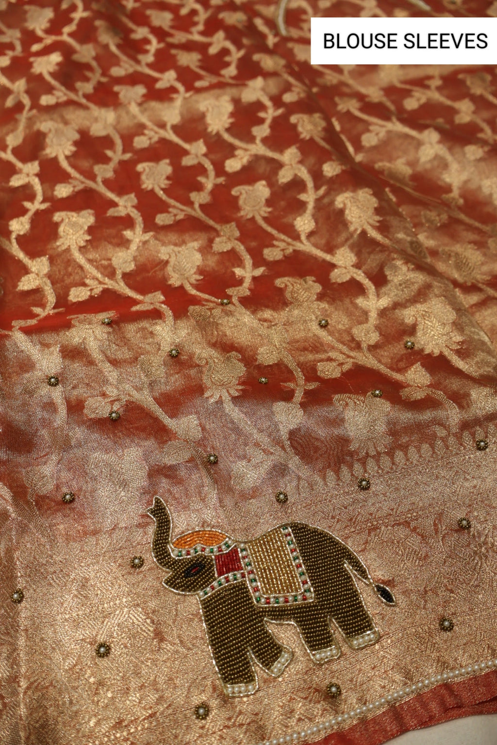 Rust - Gold Banarasi Tissue Organza Hand Embroidered Saree With Hand Embroidered Blouse The Banarasee Aura