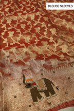 Rust - Gold Banarasi Tissue Organza Hand Embroidered Saree With Hand Embroidered Blouse The Banarasee Aura