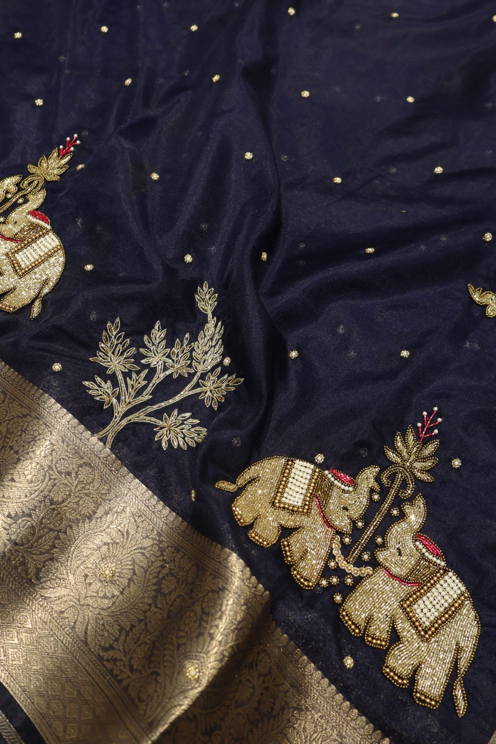 Navy Blue Banarasi Kora Silk Hand Embroidered Saree With Blouse The Banarasee Aura