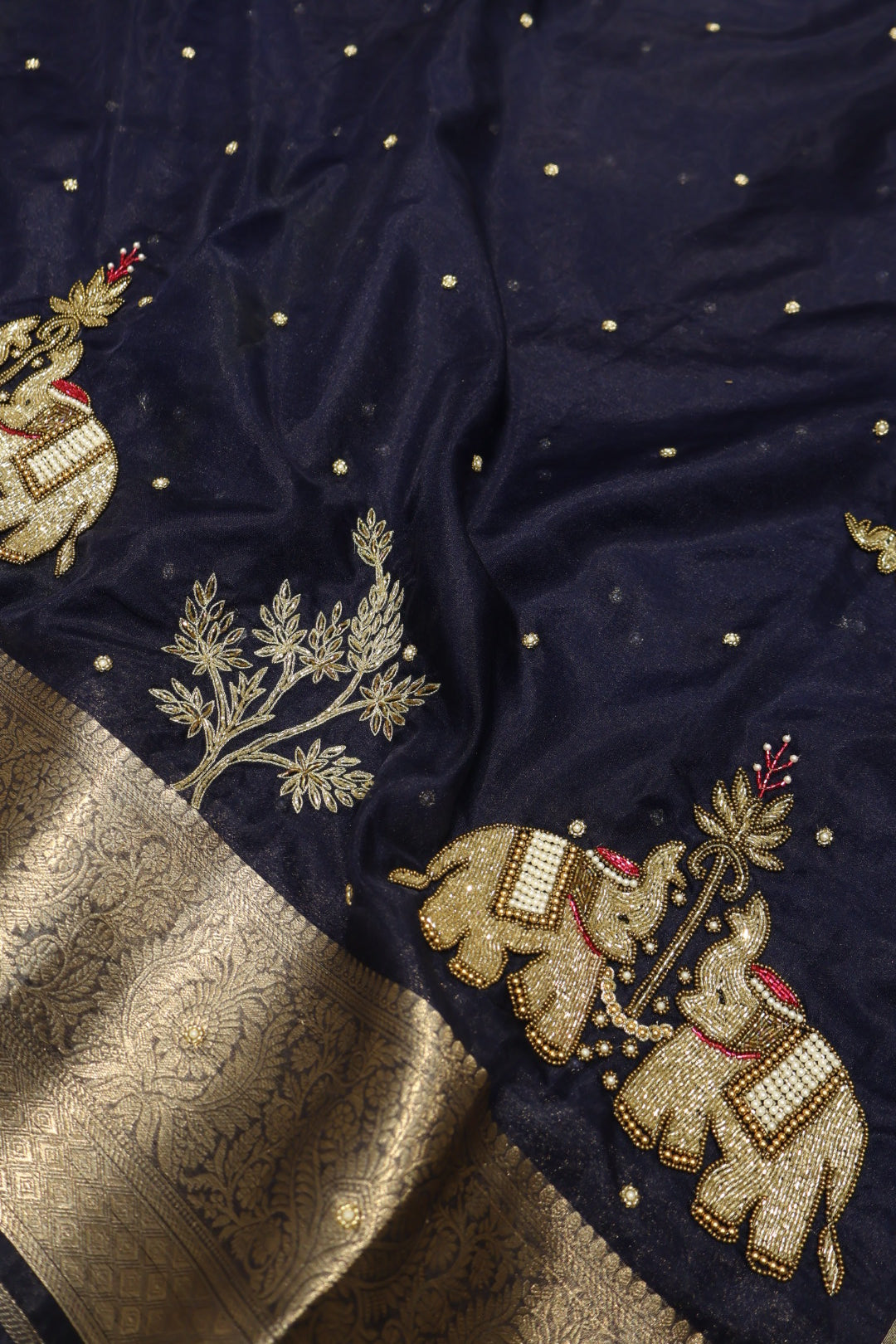 Navy Blue Banarasi Kora Silk Hand Embroidered Saree With Blouse The Banarasee Aura