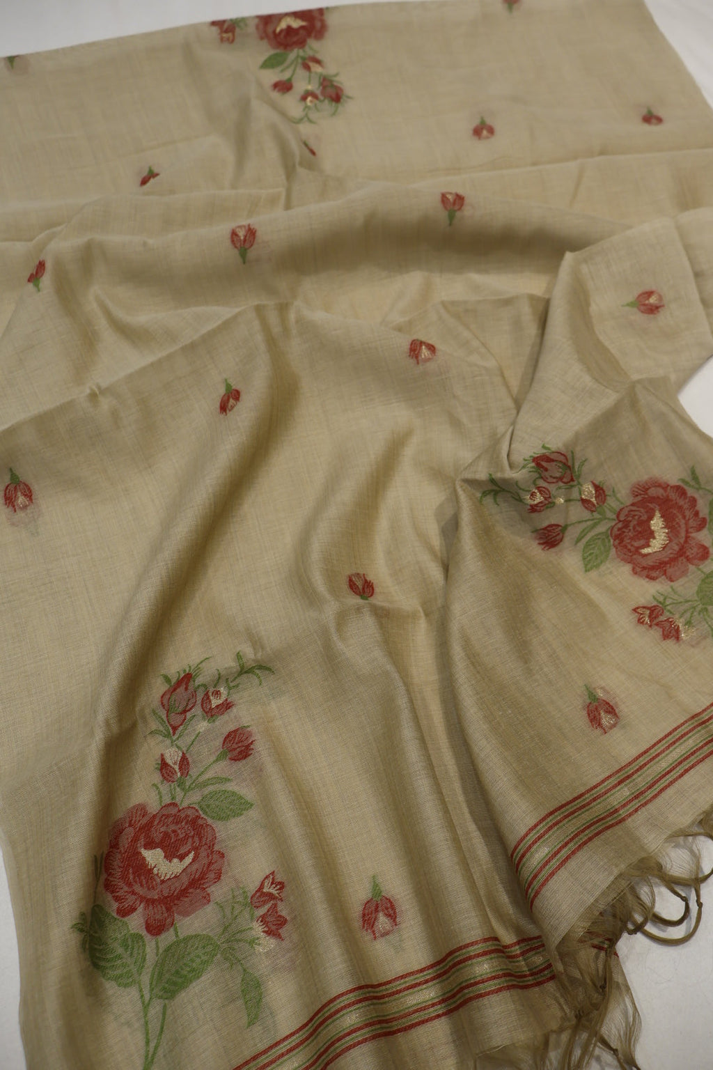 Beige Banarasi Chanderi Silk Blend Jamdani Woven Unstitched Suit Set With Chanderi Woven Dupatta The Banarasee Aura