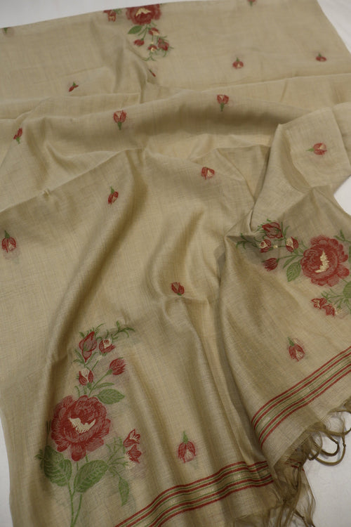 Beige Banarasi Chanderi Silk Blend Jamdani Woven Unstitched Suit Set With Chanderi Woven Dupatta The Banarasee Aura