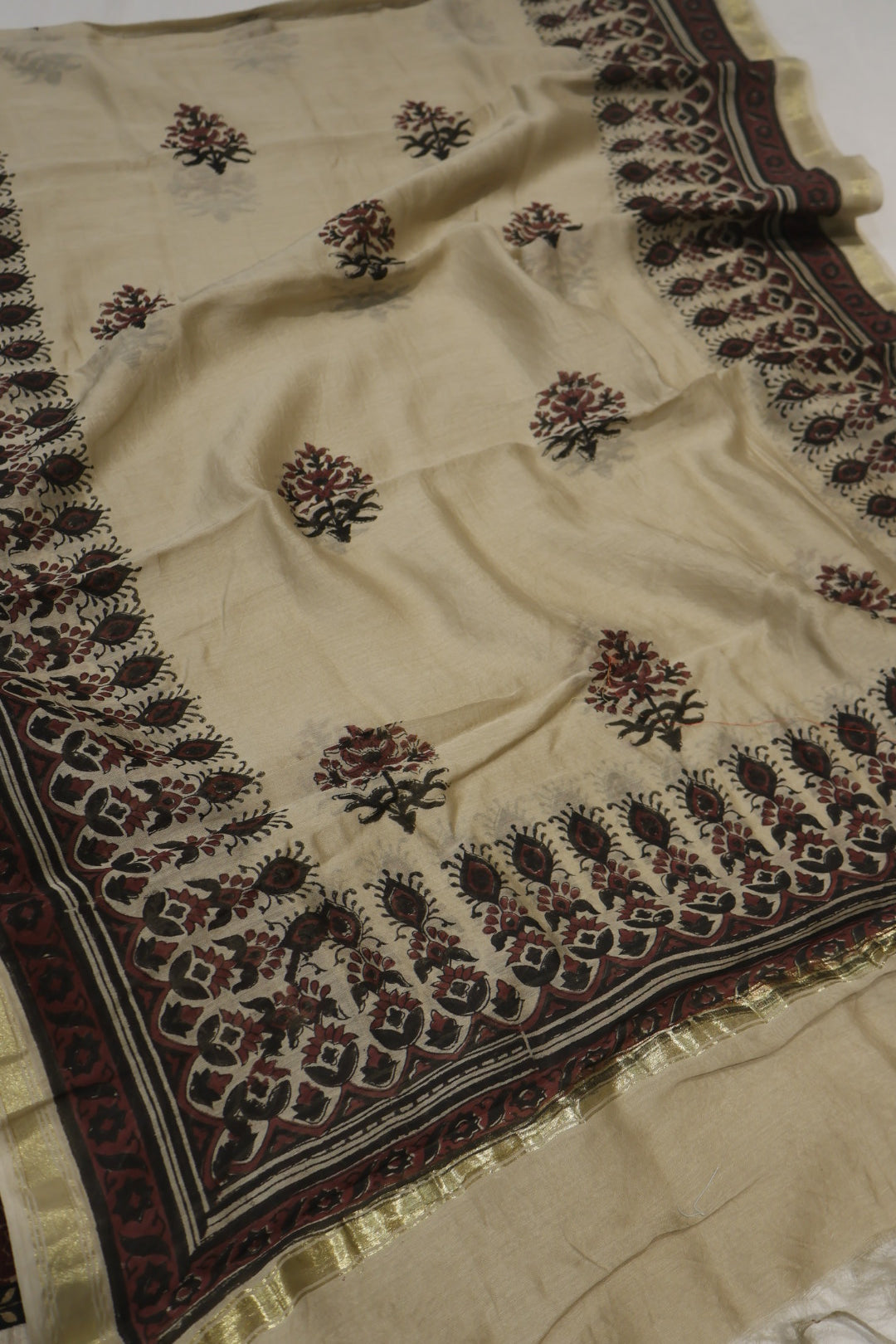 Maroon Muslin Ajrakh Printed Unstitched Suit Set With Chanderi Silk Printed Dupatta The Banarasee Aura