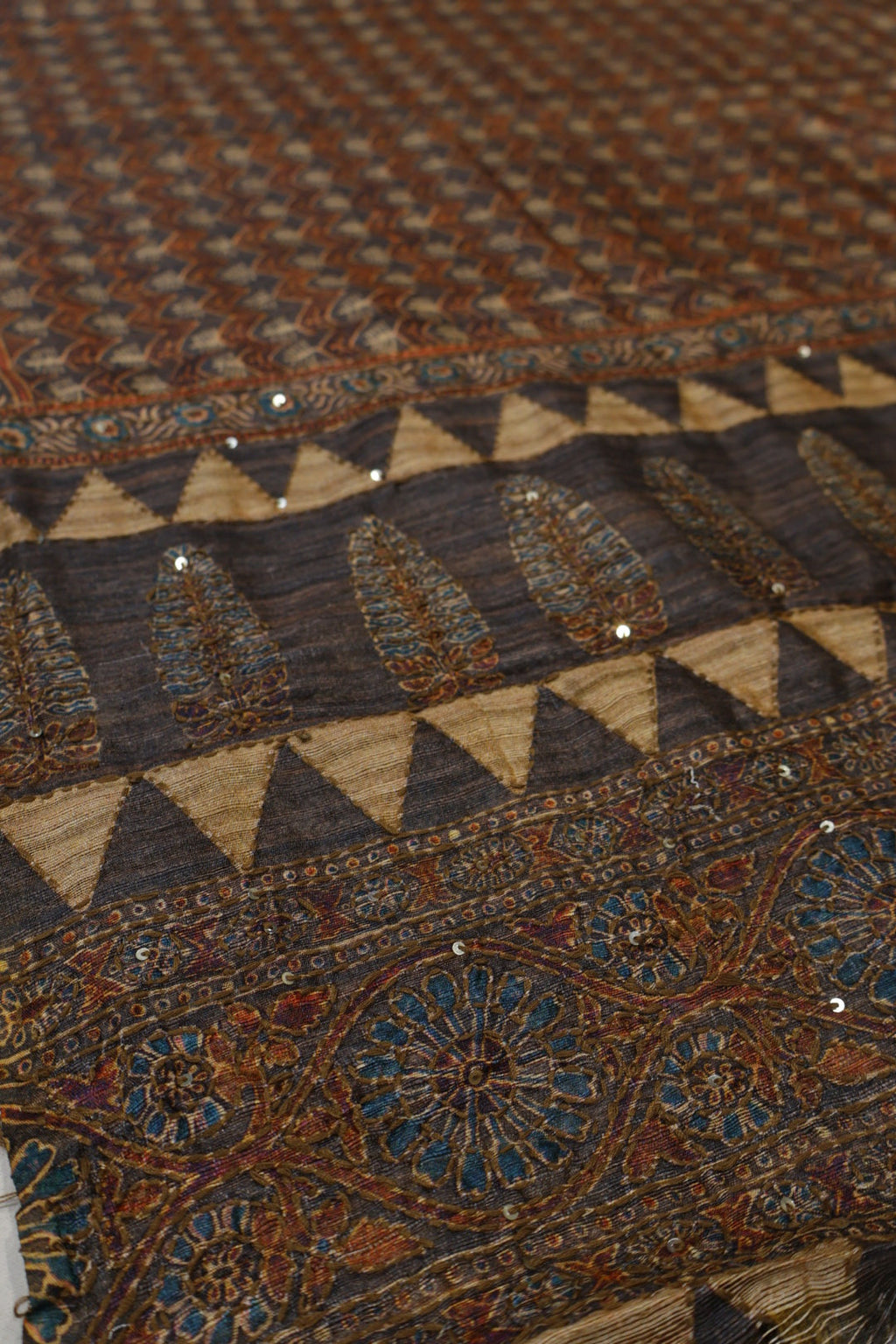 Charcoal Brown Chanderi Silk Printed and Embroidered Unstitched Suit Set With Chanderi Digital Printed And Embroidered Dupatta The Banarasee Aura