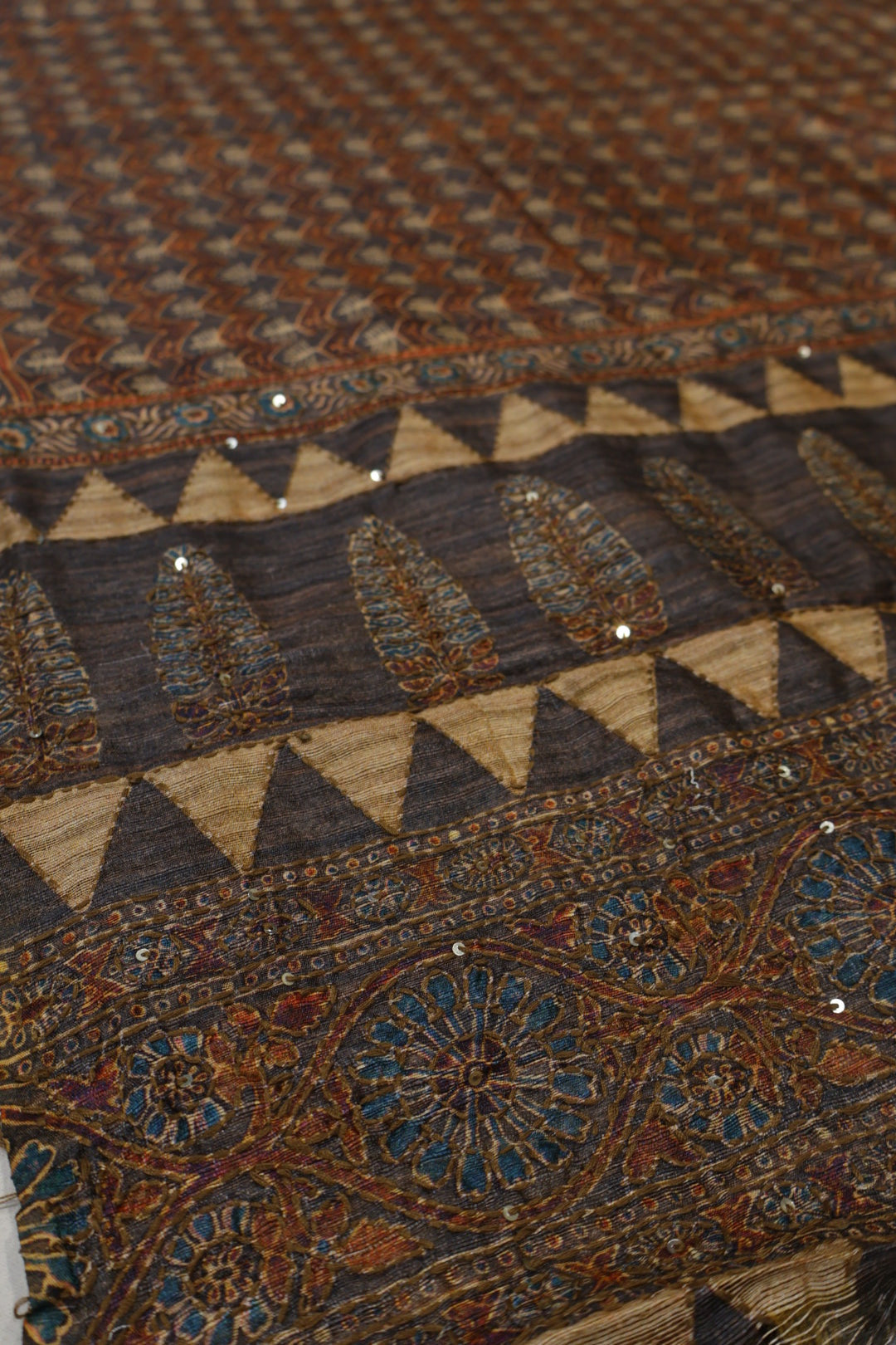 Charcoal Brown Chanderi Silk Printed and Embroidered Unstitched Suit Set With Chanderi Digital Printed And Embroidered Dupatta The Banarasee Aura