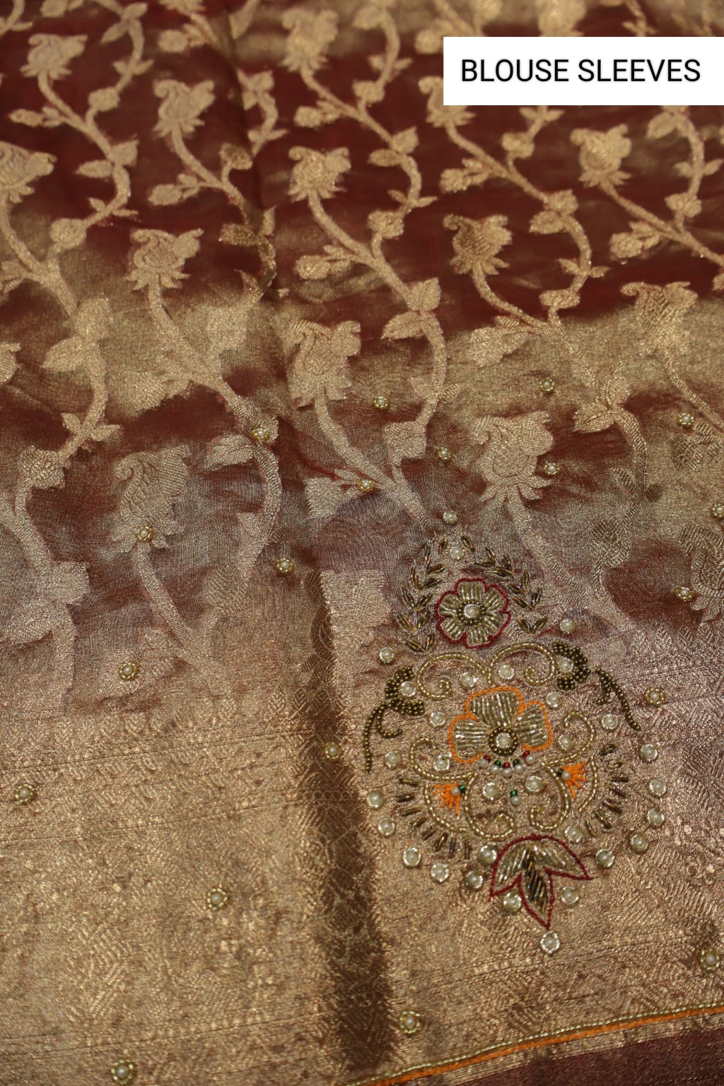 Maroon - Gold Banarasi Tissue Organza Hand Embroidered Saree With Hand Embroidered Blouse The Banarasee Aura