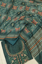 Deep Teal Chanderi Hand Embroidered Unstitched Suit Set with Chanderi Printed And Thread Worked Dupatta The Banarasee Aura
