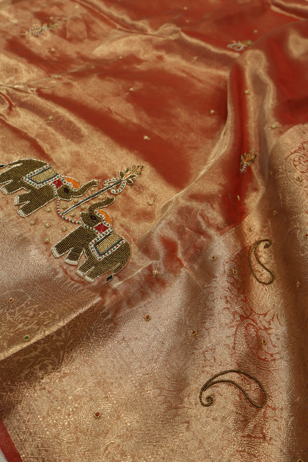 Rust - Gold Banarasi Tissue Organza Hand Embroidered Saree With Hand Embroidered Blouse The Banarasee Aura