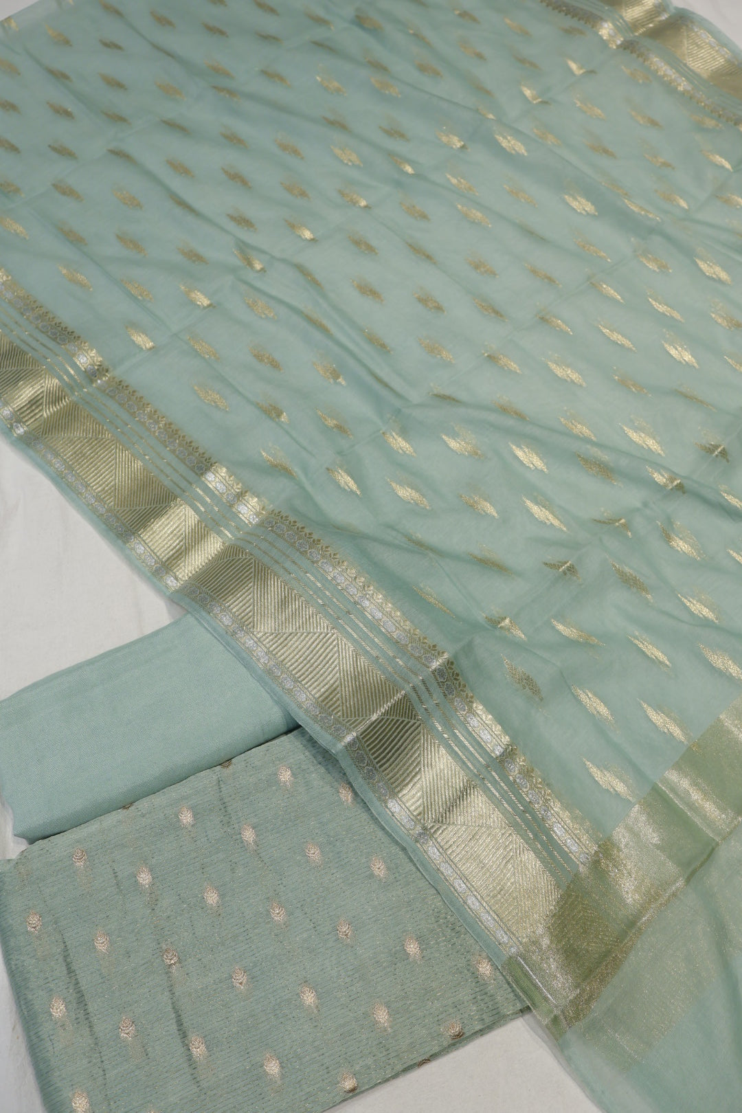 Sea Green Banarasi Pure Chanderi Silk Woven Unstitched Suit Set With Pure Chanderi Silk Sona Roopa Woven Dupatta The Banarasee Aura