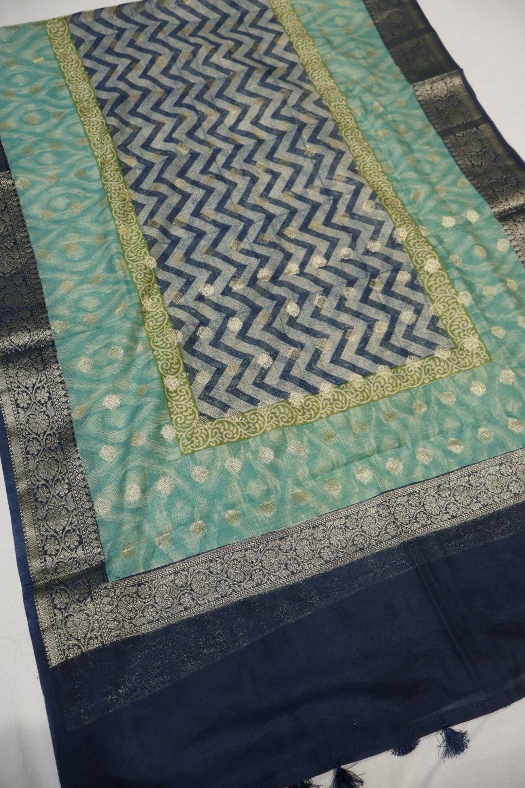 Navy Blue Banarasi Pure Chanderi Silk Hand Blocked and Woven Unstitched Suit Set With Pure Chanderi Silk Hand Blocked Woven Dupatta The Banarasee Aura