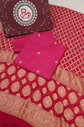 Rani Pink Pure Banarasi Chiniyal Silk Unstitched Suit Set With Pure Khadi Georgette Bandhej Dupatta The Banarasee Aura