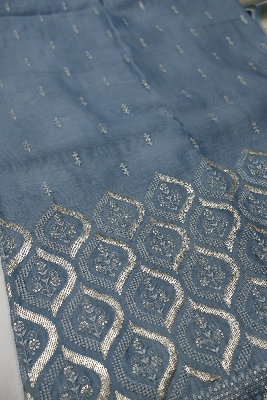 Dusty Steel Blue Embroidered Unstitched Suit Set With Chanderi Digital Printed Dupatta The Banarasee Aura