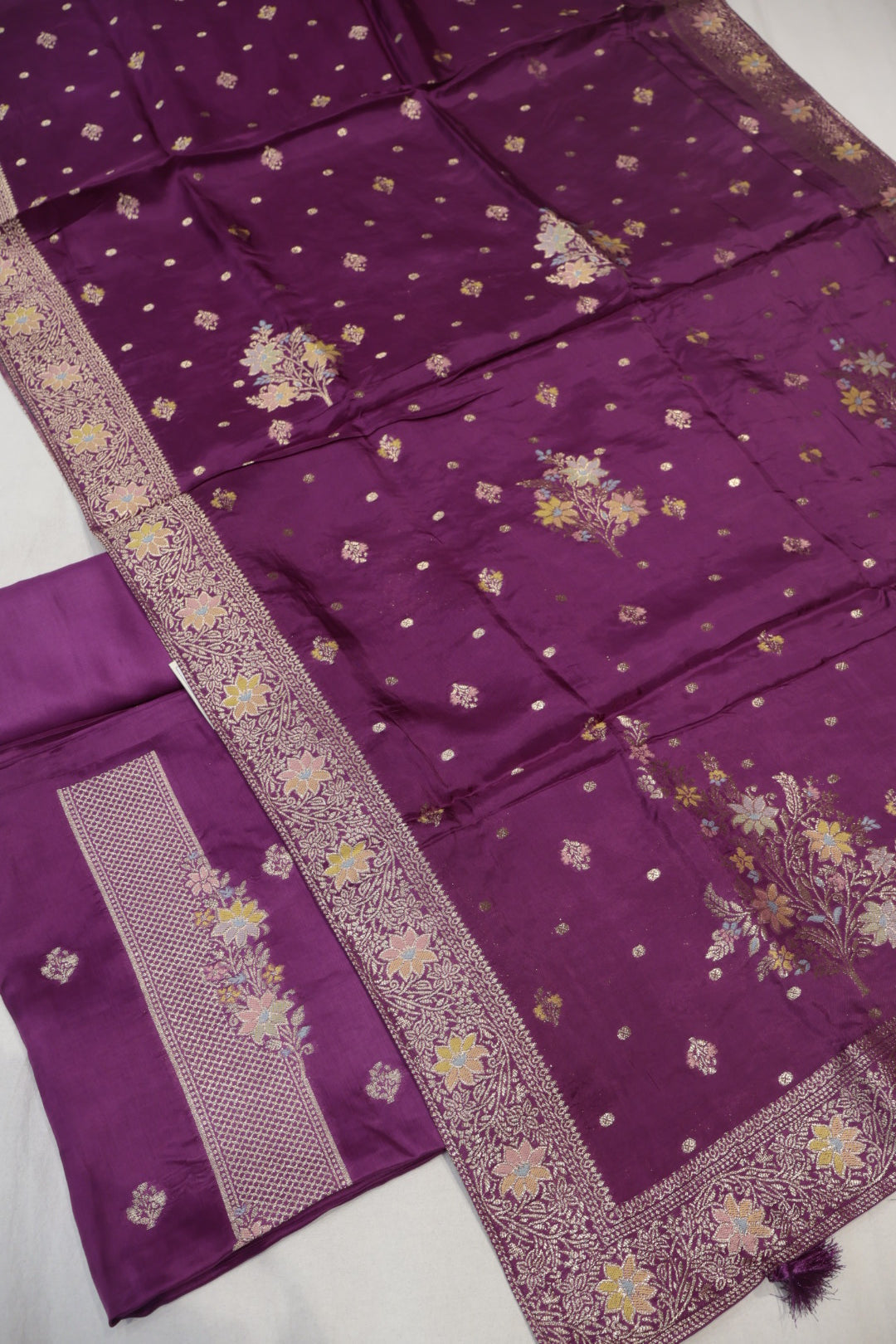 Purple Banarasi Satin Silk Blend Meenakri Woven Unstitched Suit Set With Satin Silk Blend Meenakari Woven Dupatta The Banarasee Aura