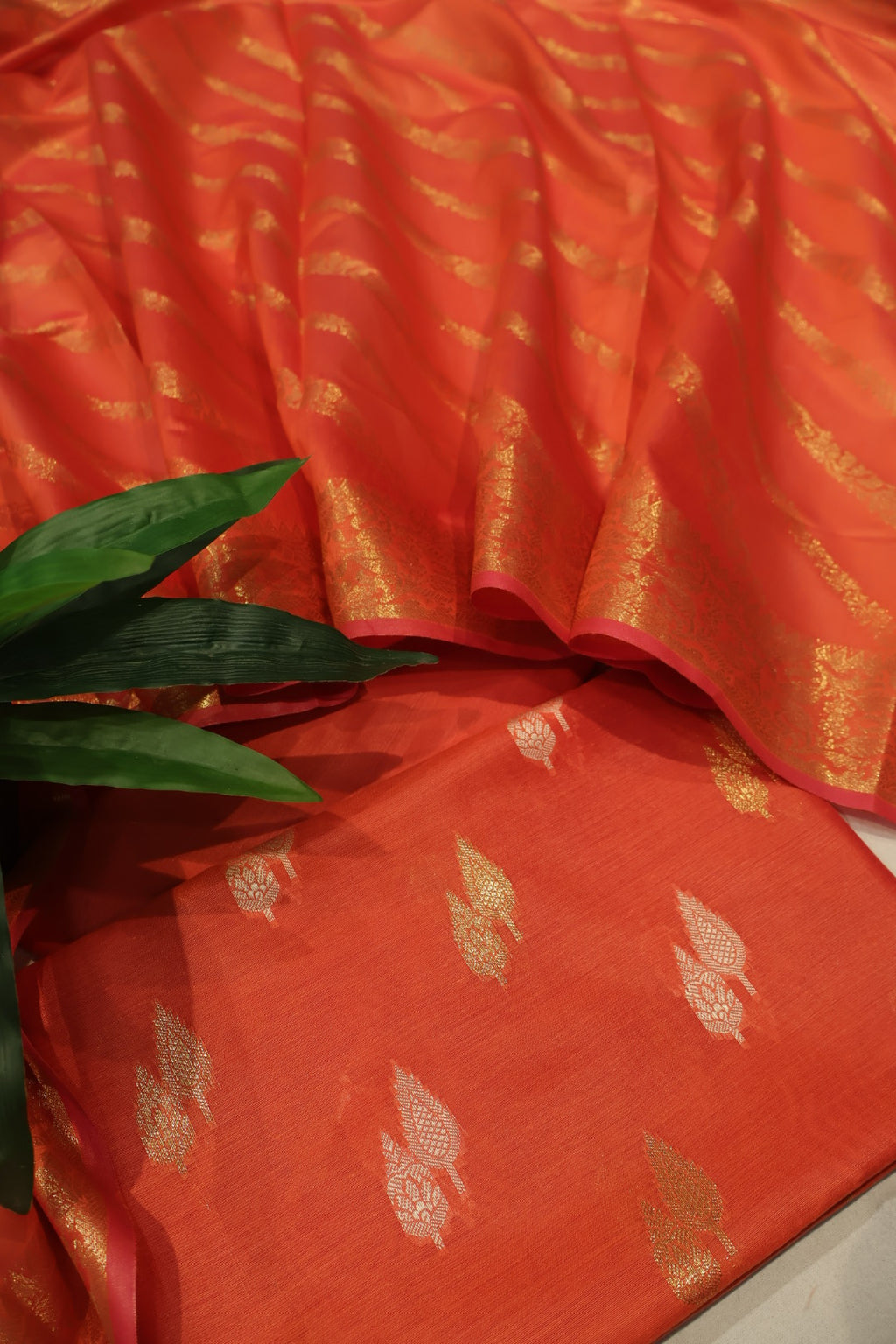 Orange Reddish Cotton Silk Meenakari Woven Unstitched Banarasi Suit Set The Banarasee Aura
