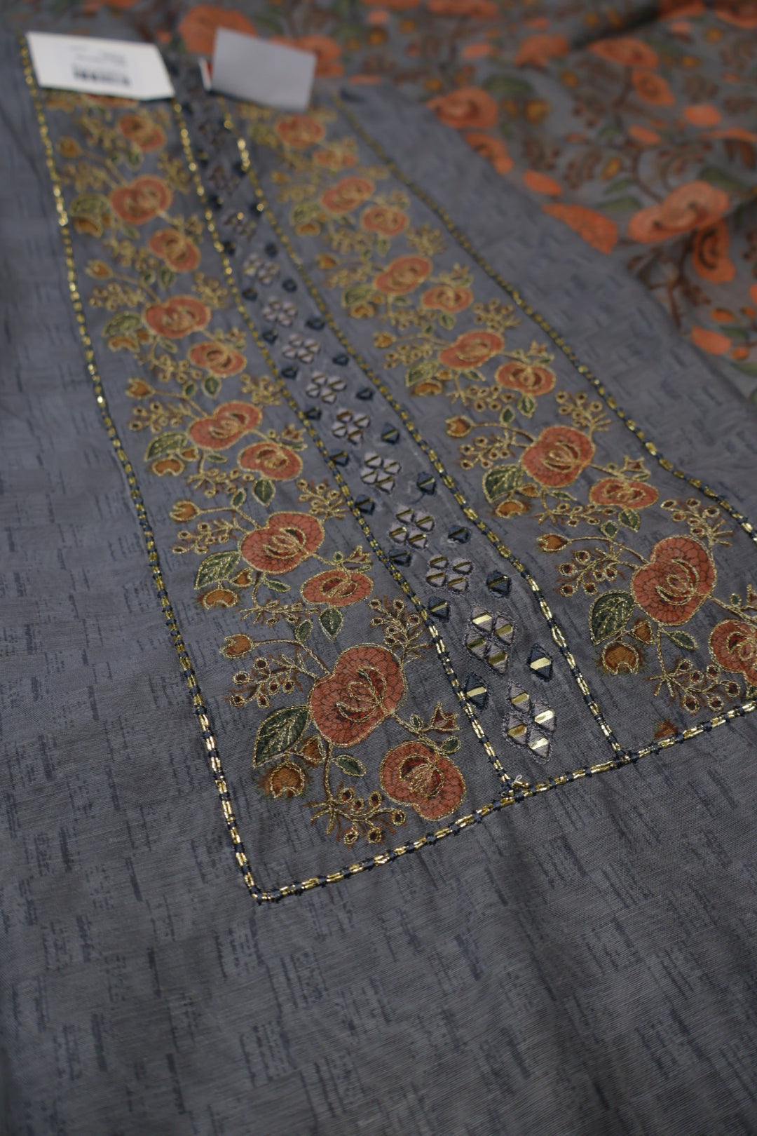 Grey Chanderi Embroidered Unstitched Suit Set With Chanderi Digital Printed Dupatta The Banarasee Aura