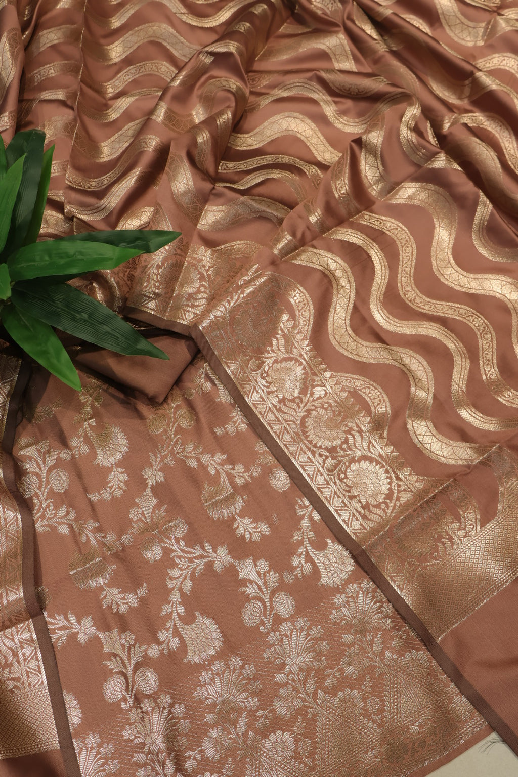 Copper Brown Katan Silk Woven Unstitched Banarasi Suit Set The Banarasee Aura