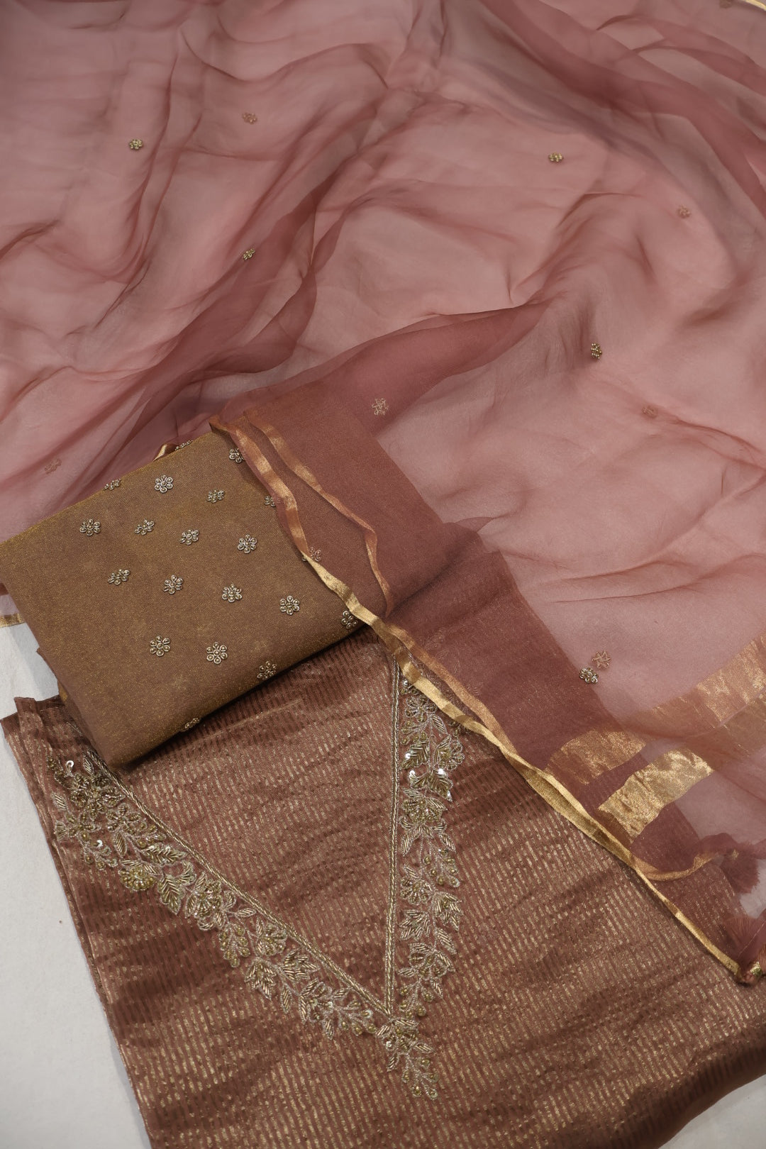 Rose Brown Banarasi Pure Tissue Stripes Hand Embroidered Unstitched Suit Set with Pure Organza Hand Embroidered Dupatta The Banarasee Aura