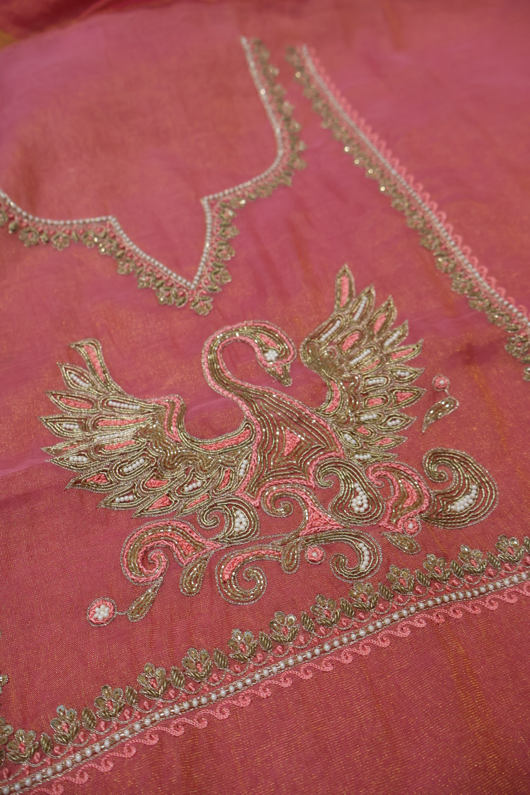 Hot Pink Banarasi Pure Tissue Hand Embroidered Unstitched Suit Set with Pure Tissue Stripes Dupatta The Banarasee Aura