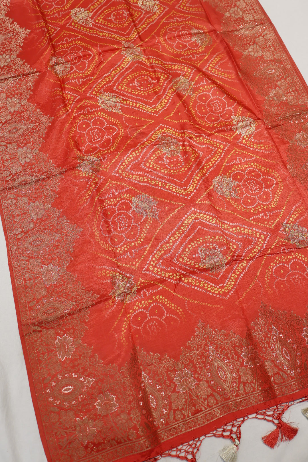 Cherry Red Banarasi Dola Silk Woven Unstitched Suit Set With Dola Silk Bandhani Printed Woven Dupatta The Banarasee Aura