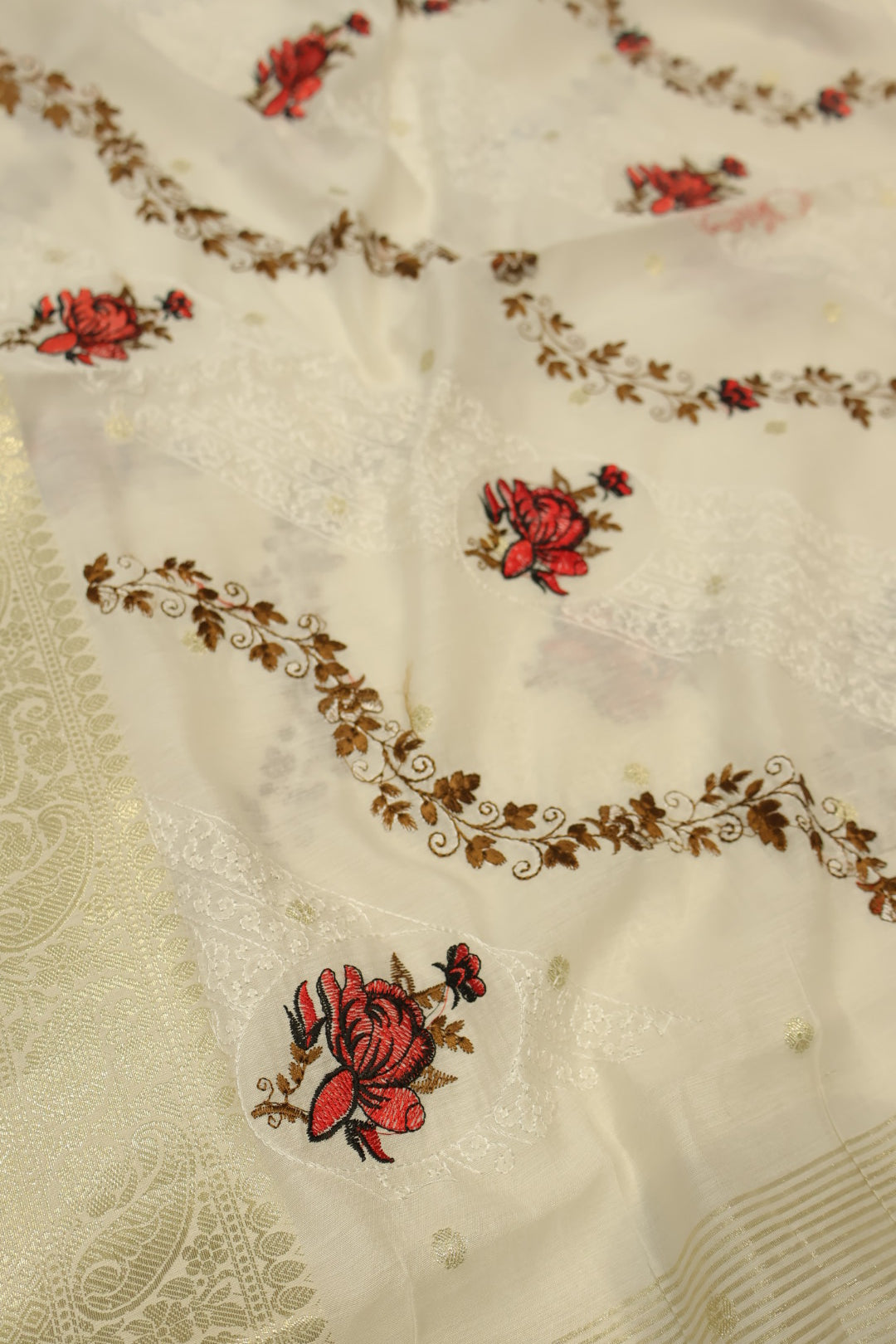 Red Katan Silk Woven Unstitched Banarasi Suit Set With Cotton Silk Embroidered Dupatta The Banarasee Aura