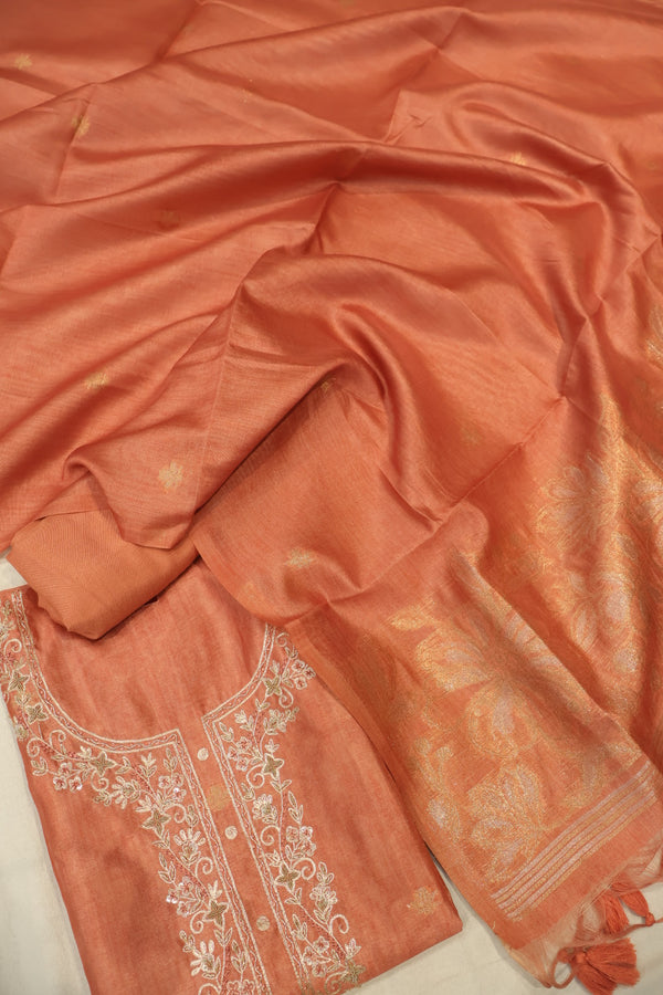 Peach Orange Chanderi Tissue Hand Embroidered Unstitched Suit Set with Chanderi Tissue Sona Roopa Dupatta The Banarasee Aura