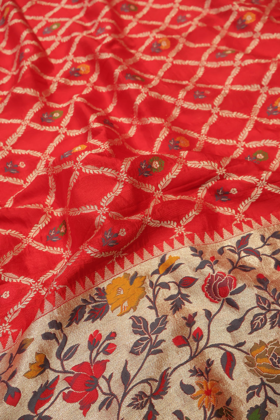 Red Russian Silk Hand Embroidered Unstitched Suit Set with Russian Silk Meenakari Woven Dupatta The Banarasee Aura