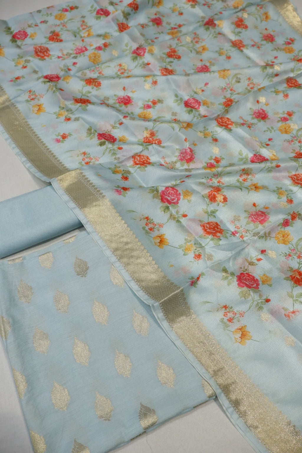 Sky Blue Banarasi Silk Blend  Woven Unstitched Suit Set With Chanderi Woven Dupatta The Banarasee Aura