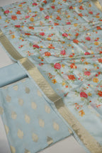 Sky Blue Banarasi Silk Blend  Woven Unstitched Suit Set With Chanderi Woven Dupatta The Banarasee Aura