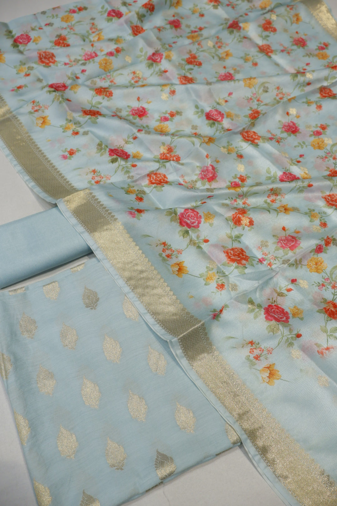 Sky Blue Banarasi Silk Blend  Woven Unstitched Suit Set With Chanderi Woven Dupatta The Banarasee Aura