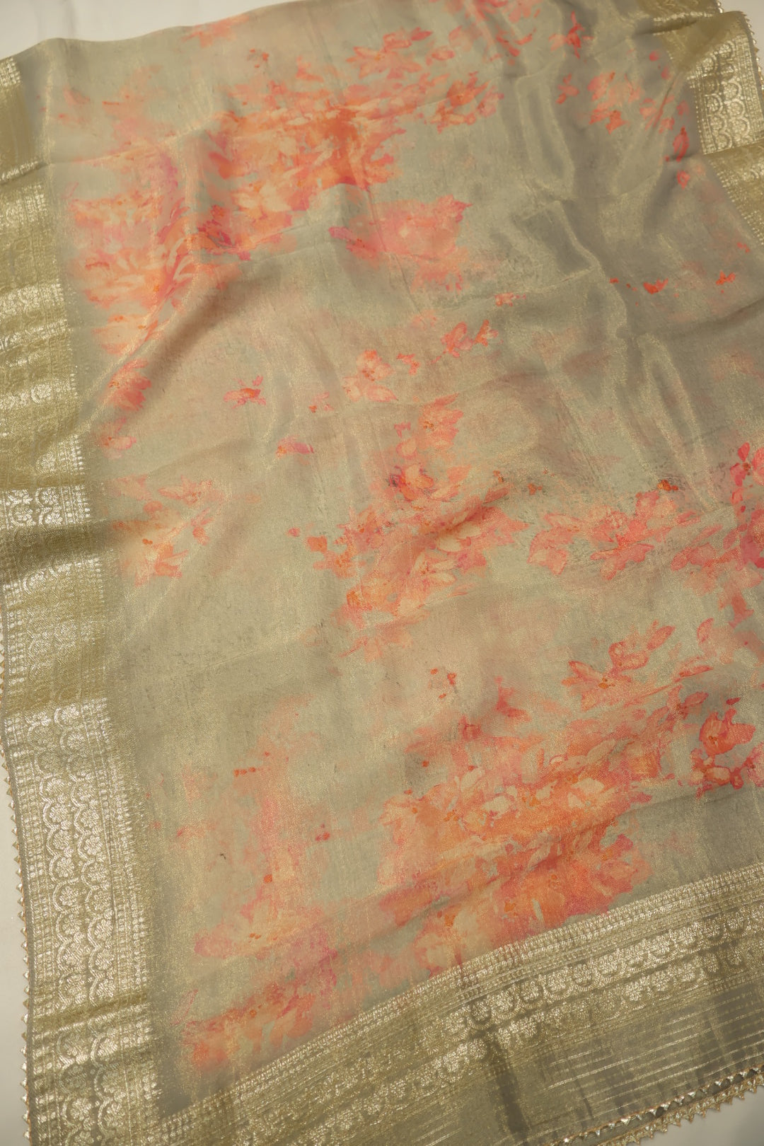 Grey Tissue Silk Hand Embroidered Banarasi Unstitched Suit Set with Tissue Silk Printed Dupatta The Banarasee Aura
