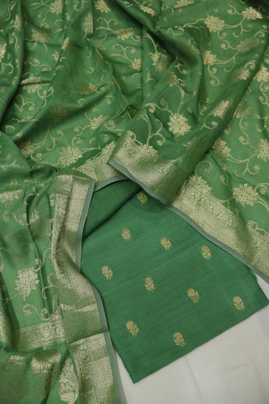 Green Banarasi Pure Moonga Silk Woven Unstitched Suit Set With Pure Moonga Silk Woven Dupatta The Banarasee Aura